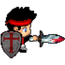 Pixel art character posing in a fighting stance with sword and shield